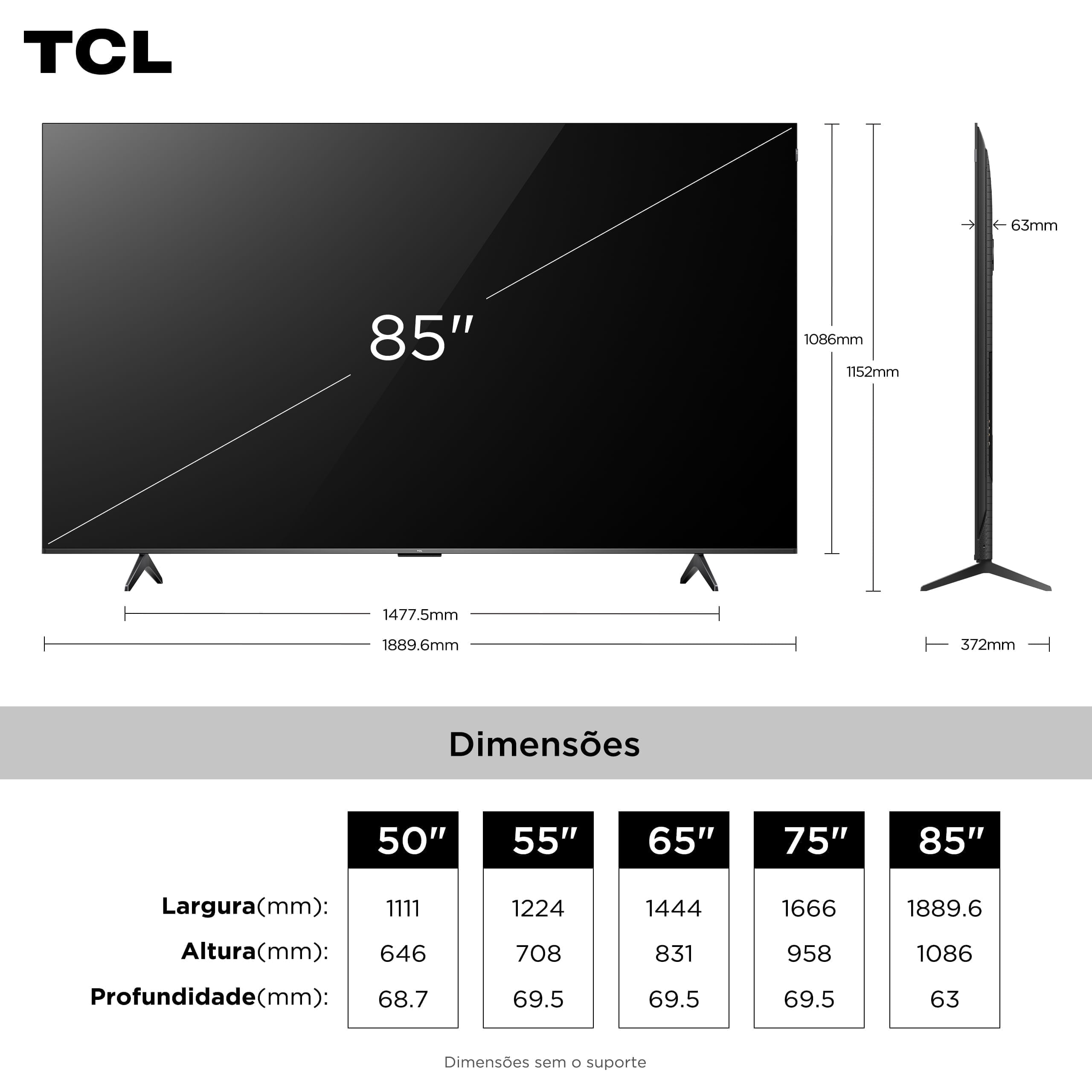 Smart TV TCL 85 Polegadas QLED 4K P7K WiFi Bluetooth Google TV HDR10+ Dolby Atmos Dolby Vision 85P7K
